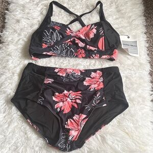 NWT Hanna Nikole Light Flaws Floral Push Up Swimsuit High Waisted Bottoms 2 PC